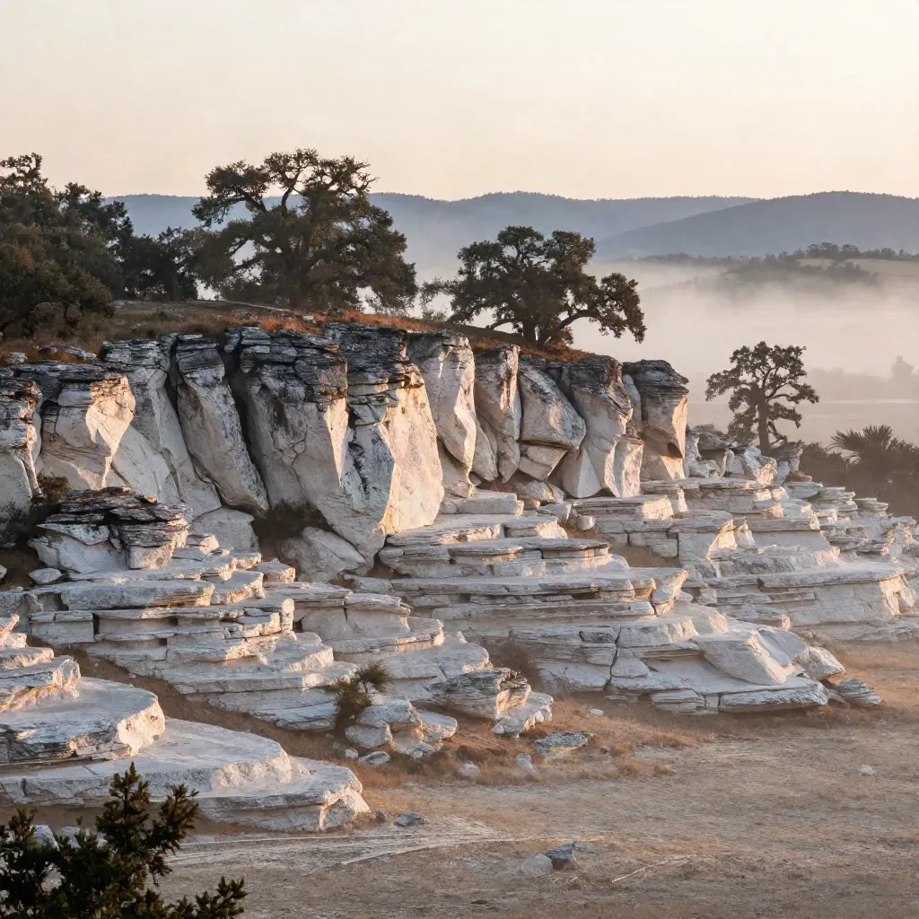 Misty Wimberley limestone ridge with live oaks above a calm fog-softened hillside.