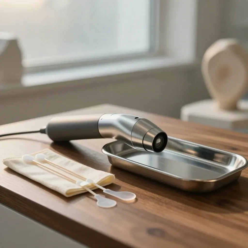 Dermatoscope, swabs, skin markers and tray on a warm walnut counter.