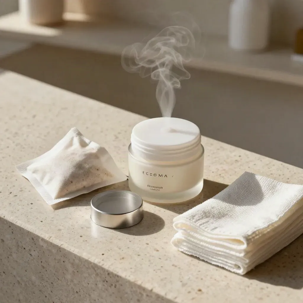 Eczema care still life on travertine with cream jar, oatmeal sachet, humidifier steam, and gauze