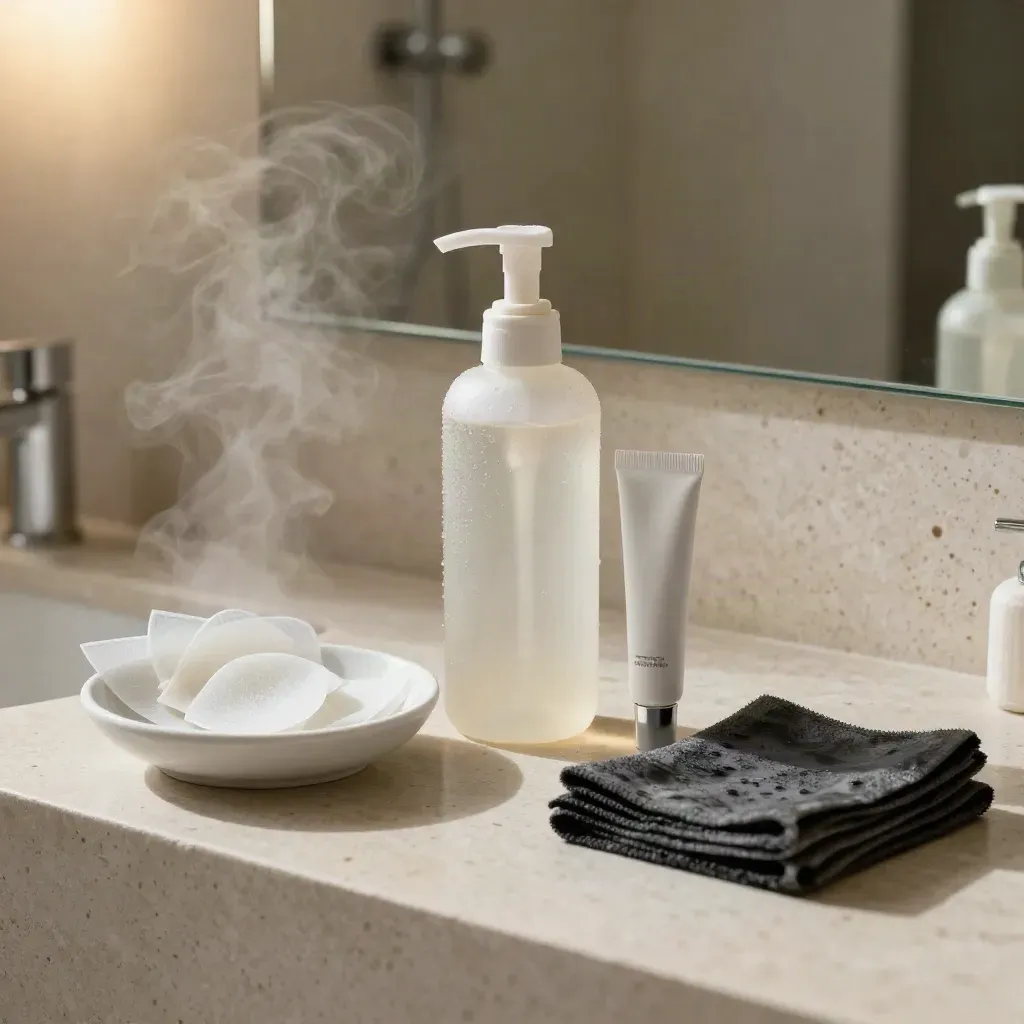 Acne-care products lined up on a bathroom vanity with steam and mirror blur.