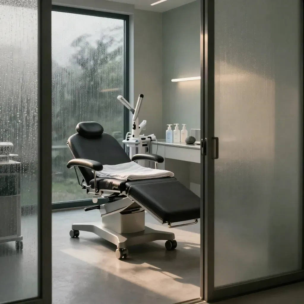 Moody dermatology suite with exam chair, serum bottles, linens and laser tower by rain-streaked glass.