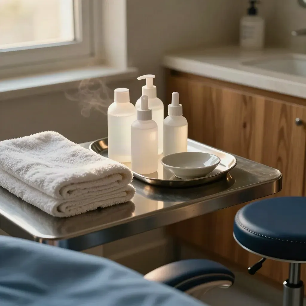 Macro of towels, cleanser bottles, tray and exam chair detail in a skin consultation room.