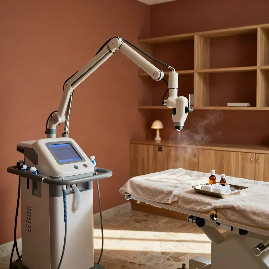 Laser therapy station with articulated arm, cooling gel, towels, and aftercare tray in warm sunlight.
