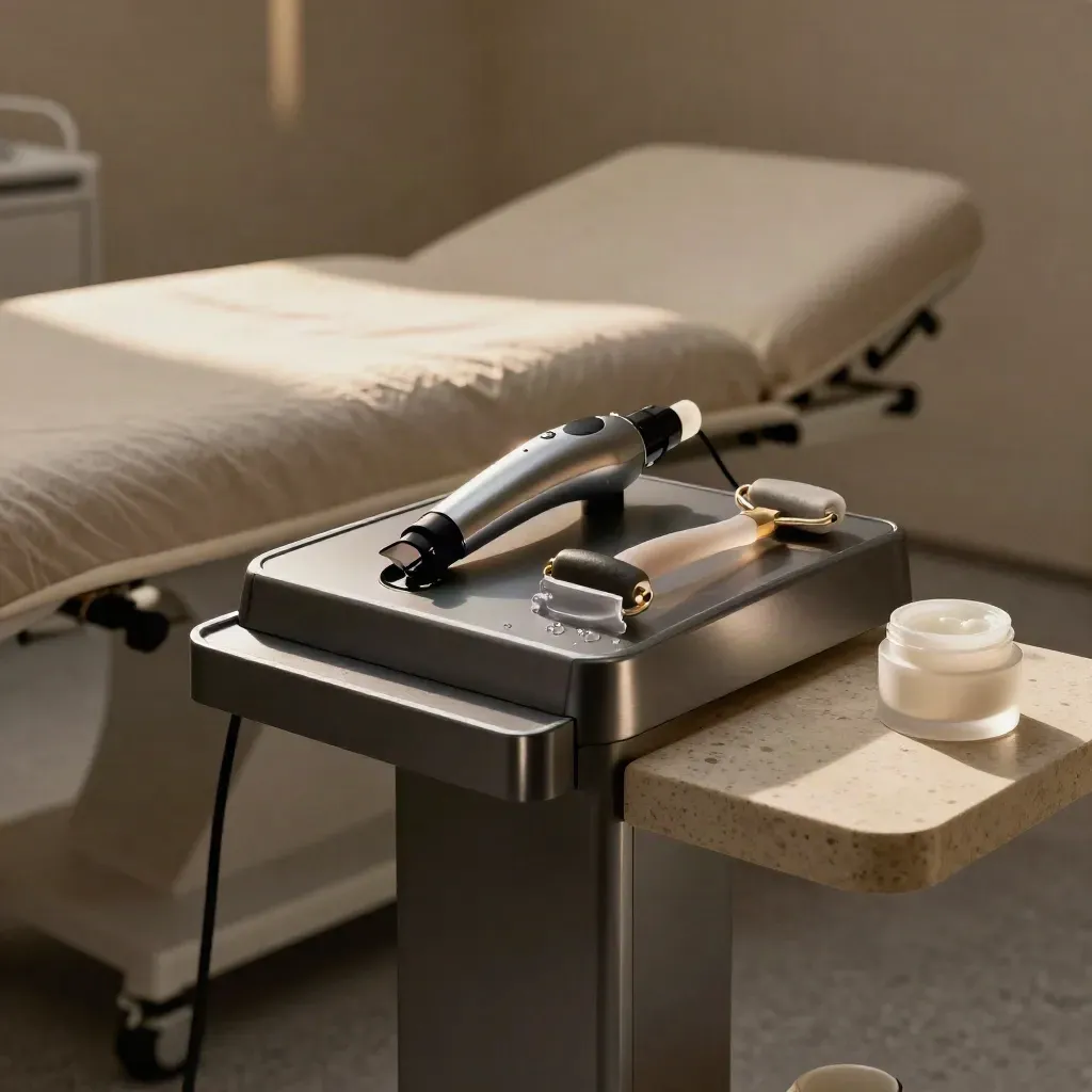Laser resurfacing suite with bed, gel, cooling roller and cream in a moody modern room.