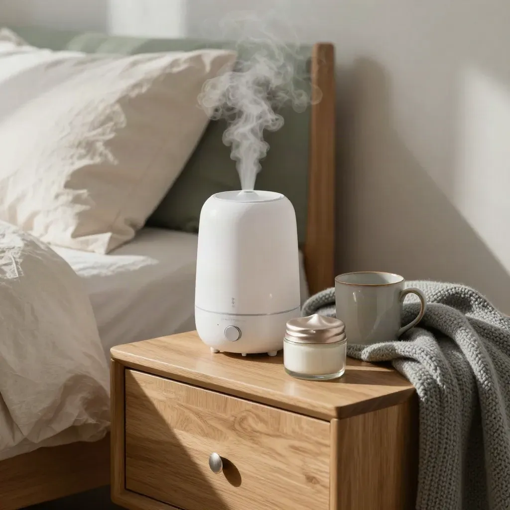 Humidifier, cream jar, mug and knit blanket on a bedside table with soft steam.