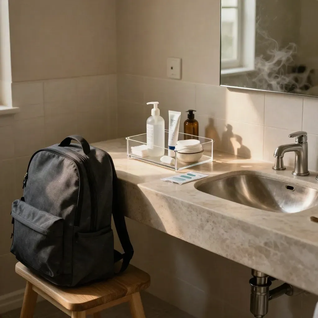Quiet bathroom vanity with acne aftercare supplies, school bag, and clear mirror in soft morning light