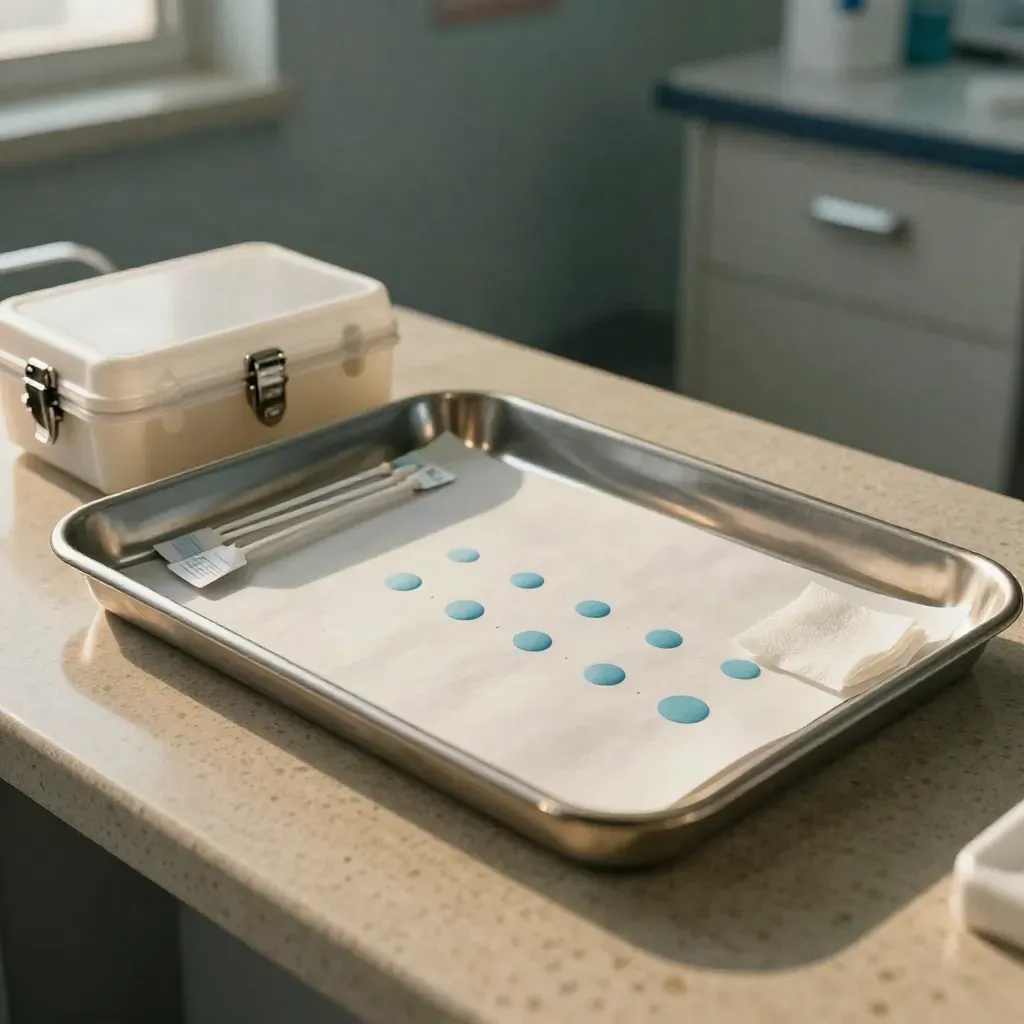 Dermatology follow-up tray with swabs, marker dots and a sealed case on travertine.