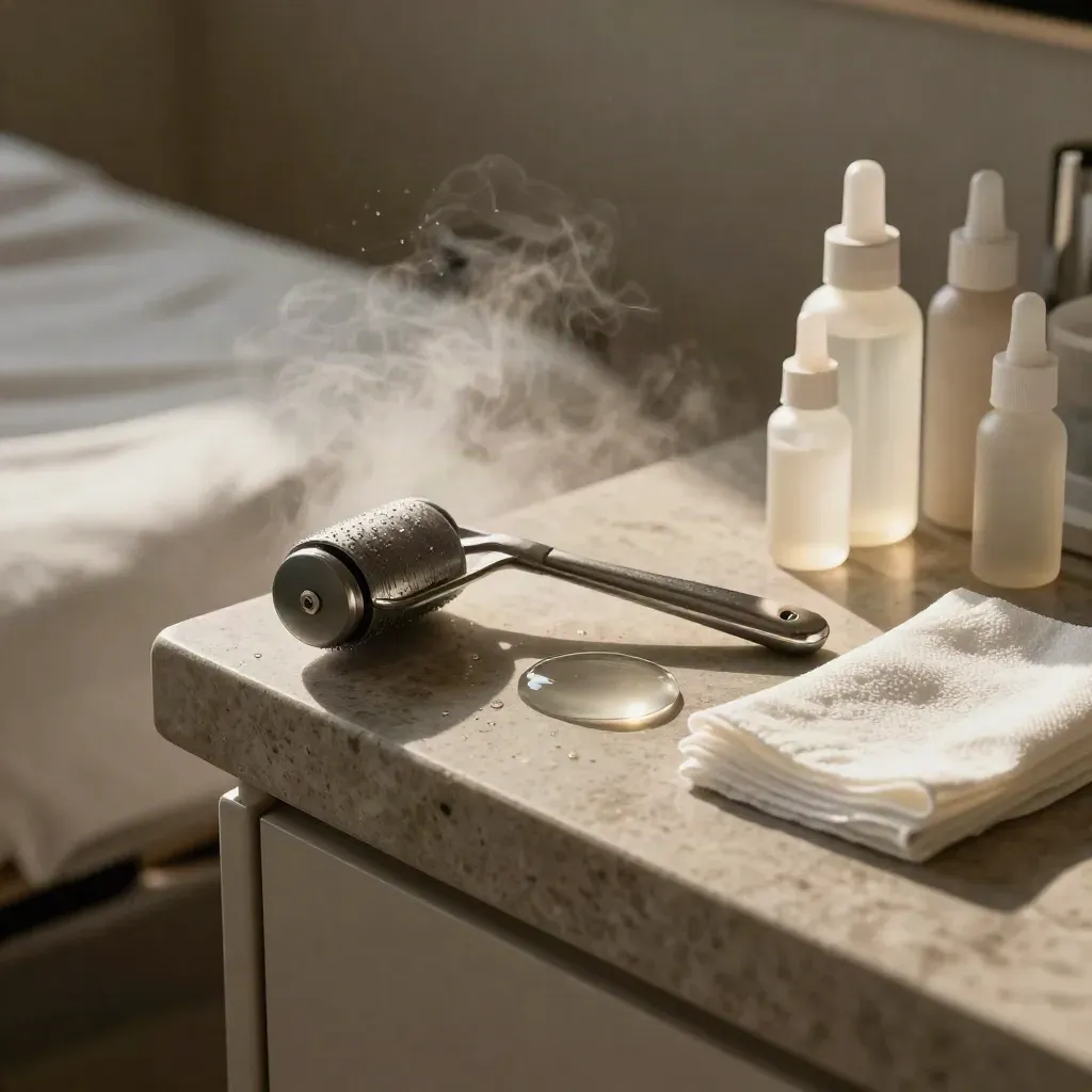 Macro of chilled roller, gauze, gel, and serum bottles on stone in a post-laser care room.