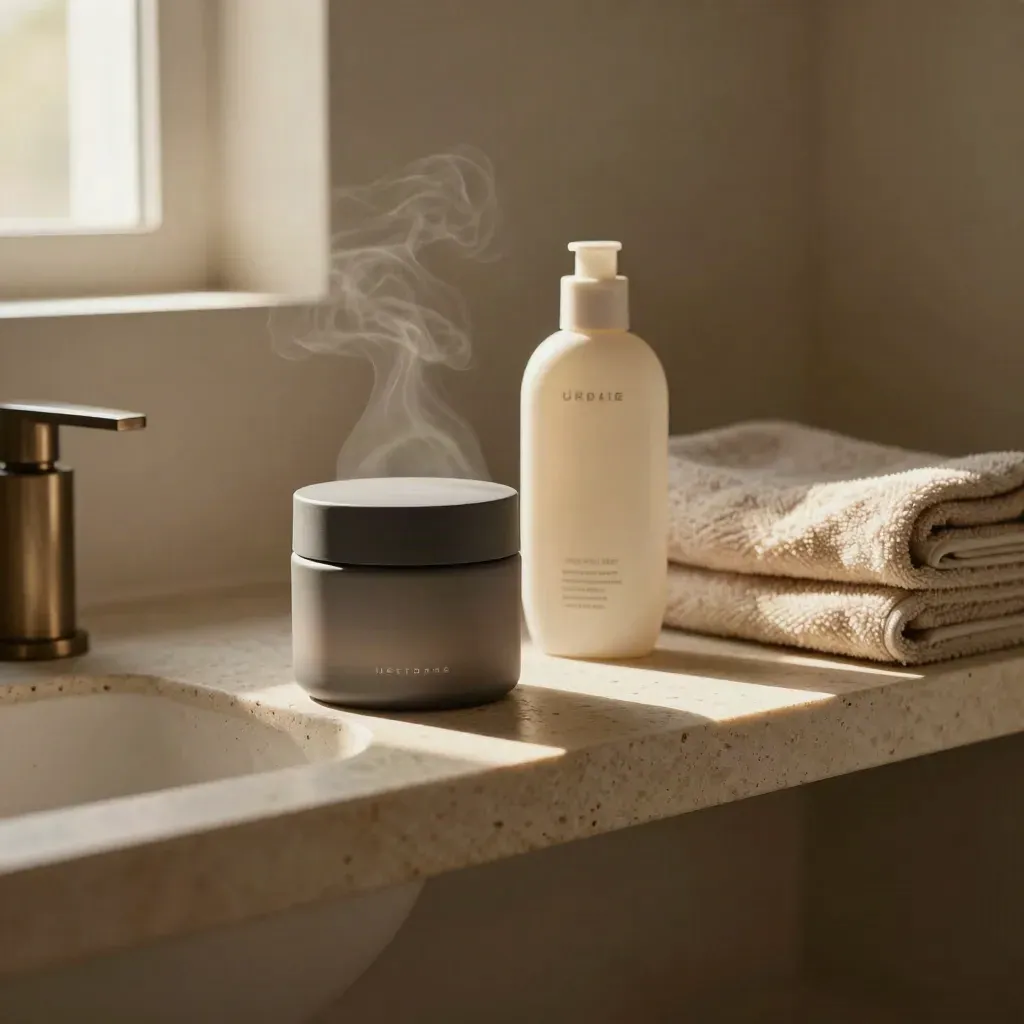 Peptide cream, SPF bottle, towel and stone tray on a warm bathroom shelf in soft light.