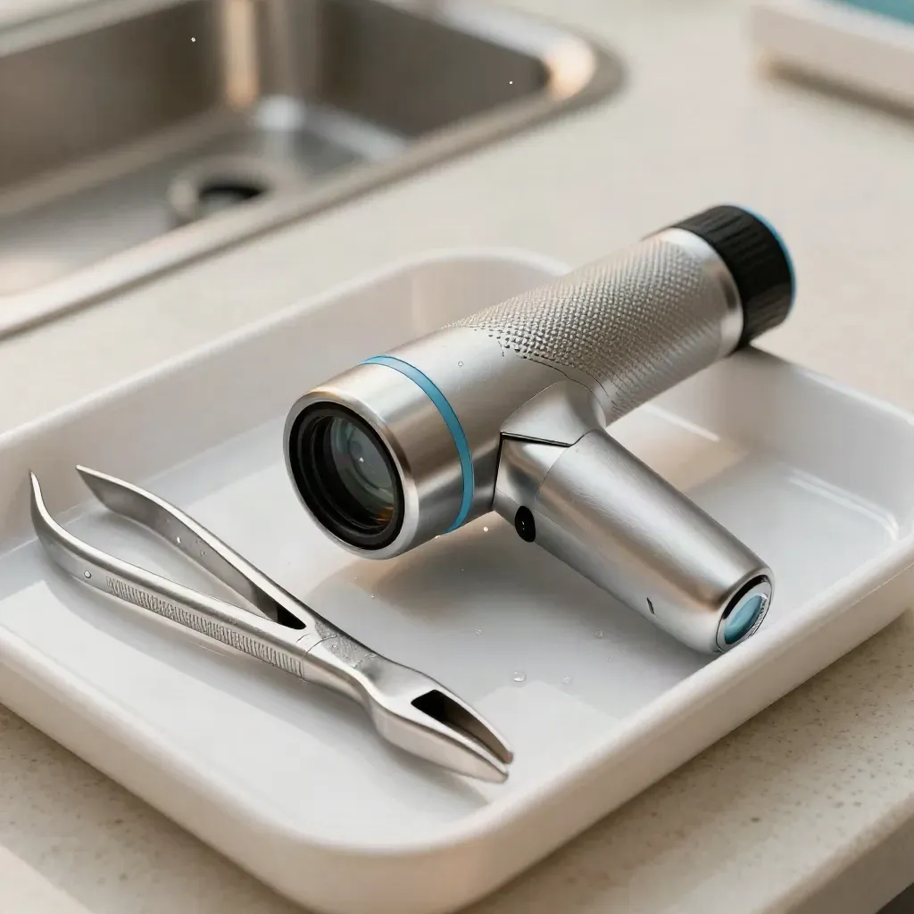 Dermatology tools on a ceramic tray with condensation and cool clinical light