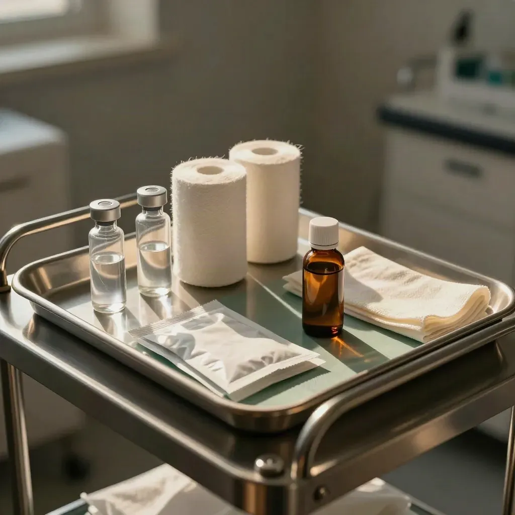 Dermatology follow-up tray with vials, swabs, cotton rolls and an amber bottle on steel
