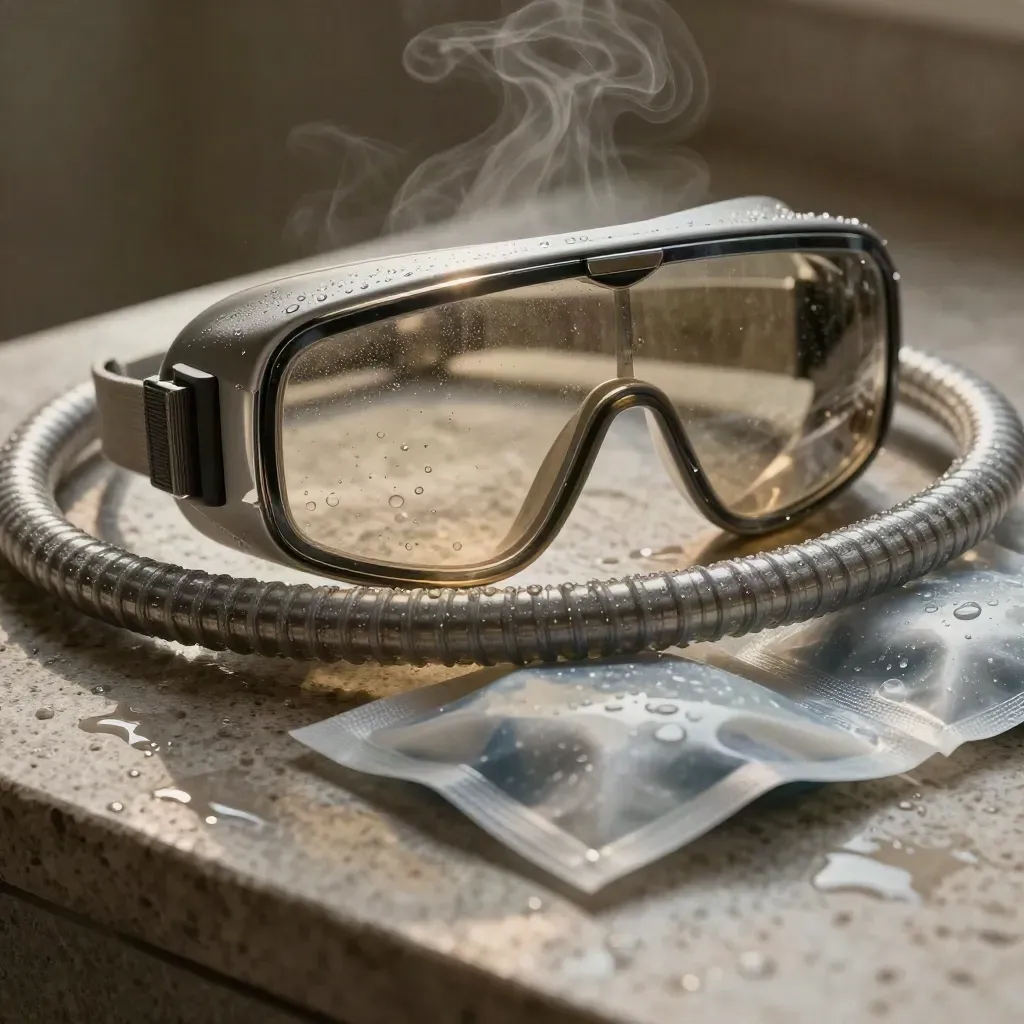 Laser goggles, cooling hose, and chilled gel packs on a damp textured counter