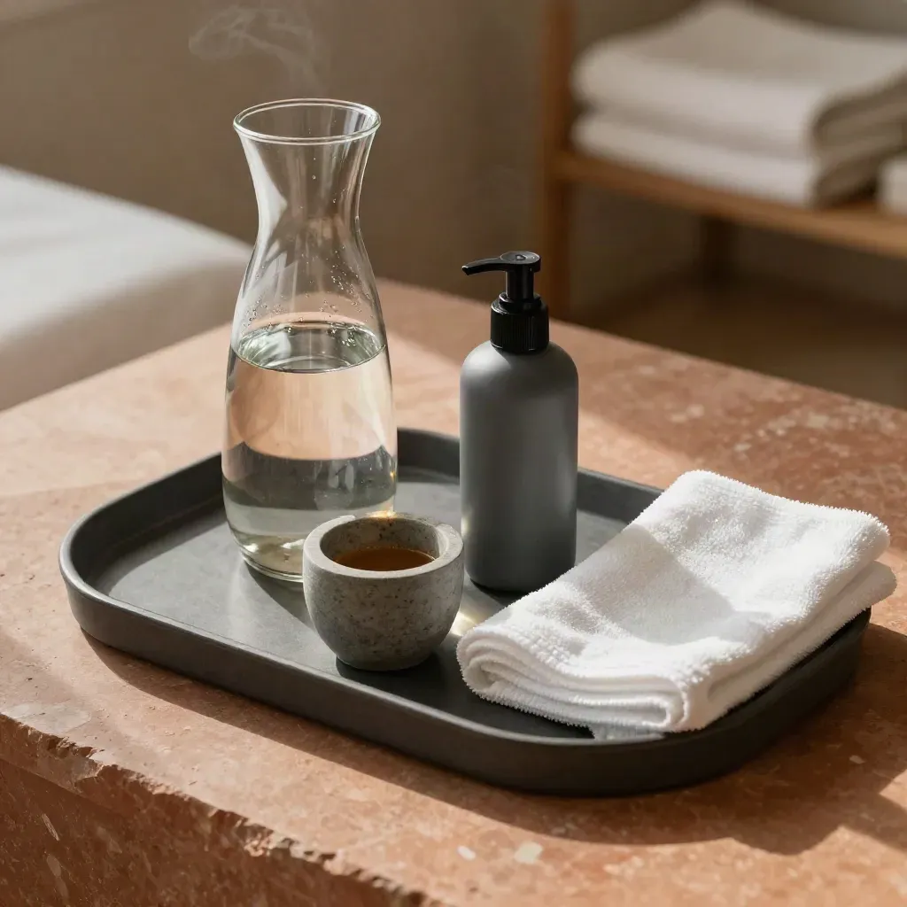 Overhead comfort tray with carafe, cup, moisturizer and washcloth on terracotta stone.