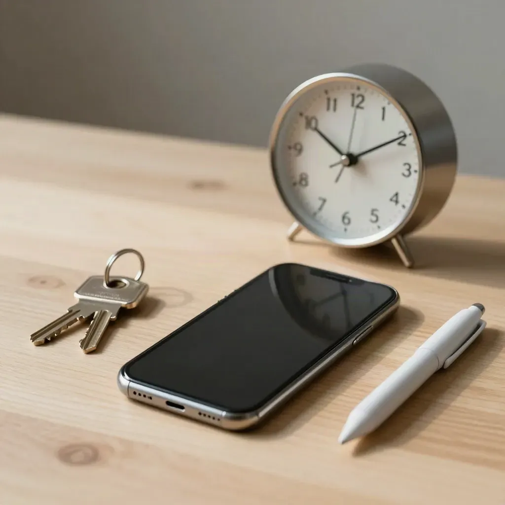 Muted smartphone, silver clock, keys and pen cap on pale oak, ready for a booked consult.