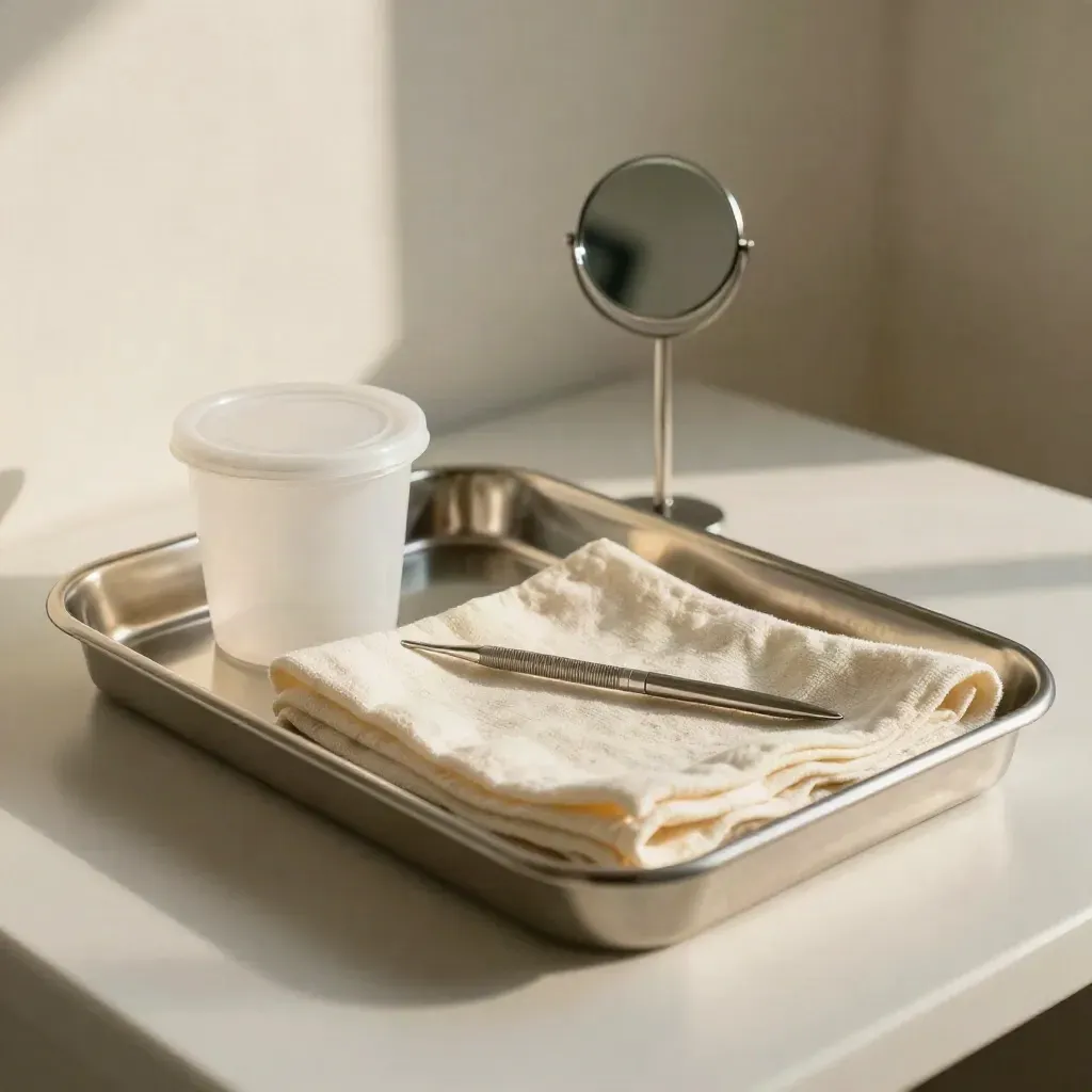 Stainless tray, sterile cup, linen and mirror arranged on a clinical shelf in soft daylight.