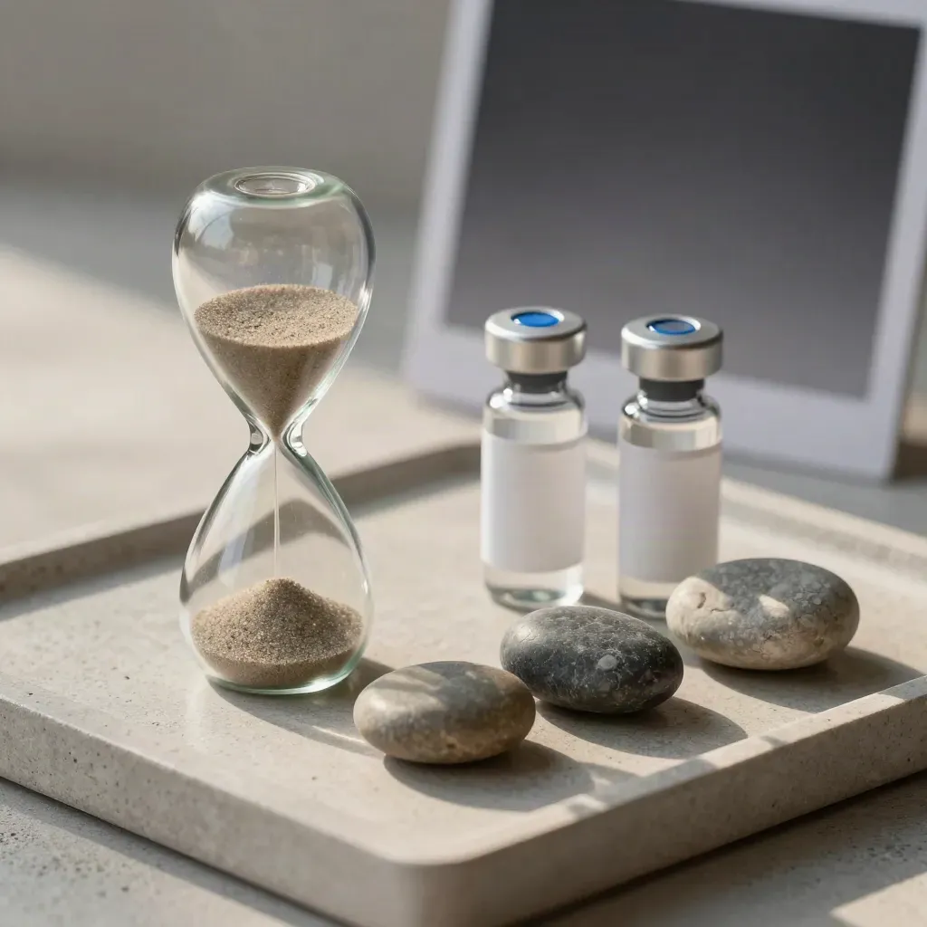 Pebbles, sand timer and sealed vials on a stone tray for a follow-up care step