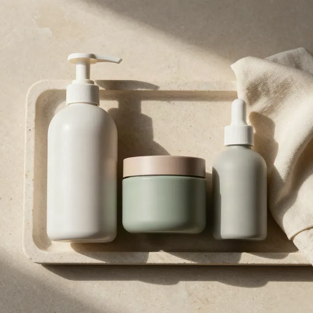 Clean skincare regimen items on a stone tray with a folded cloth, seen from above.