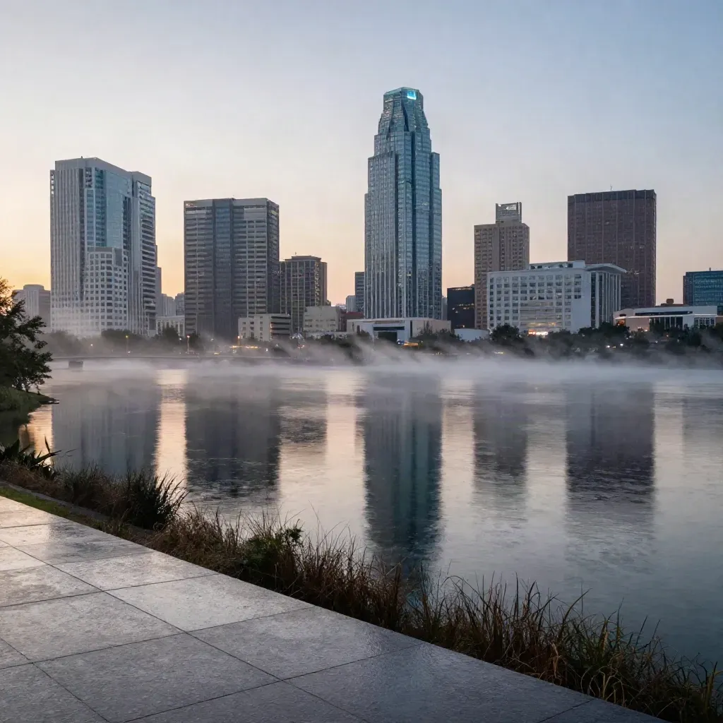 Austin skyline reflected on Lady Bird Lake at blue hour, viewed from an overlook.