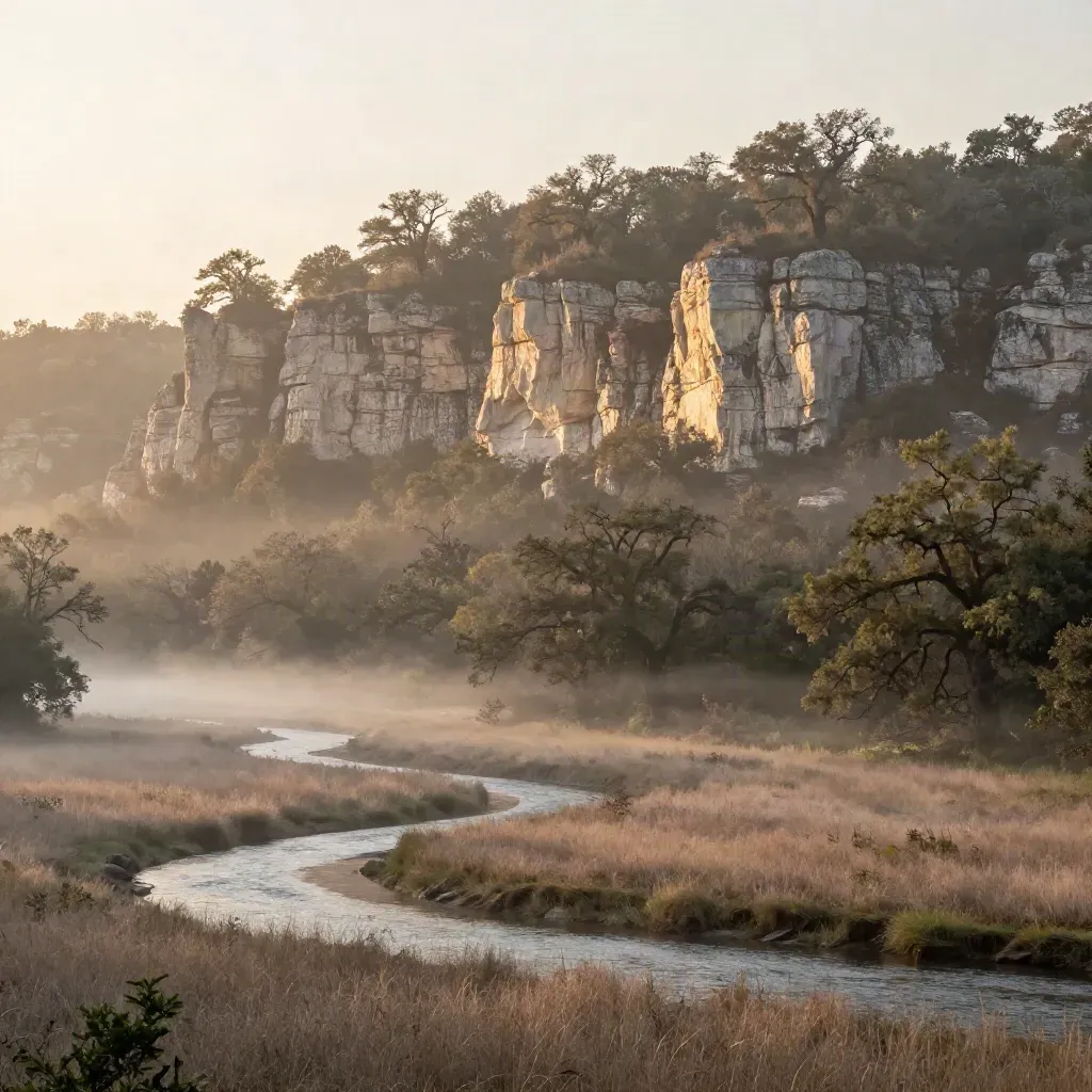 Foggy Travis County Hill Country bluff above a winding creek at sunrise.