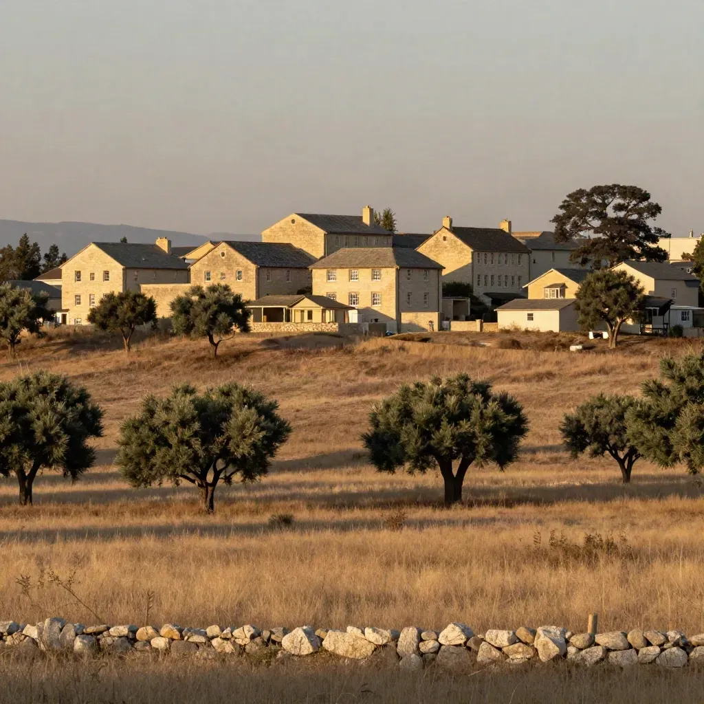 Golden-hour Williamson County townscape with limestone buildings, pasture, and haze.